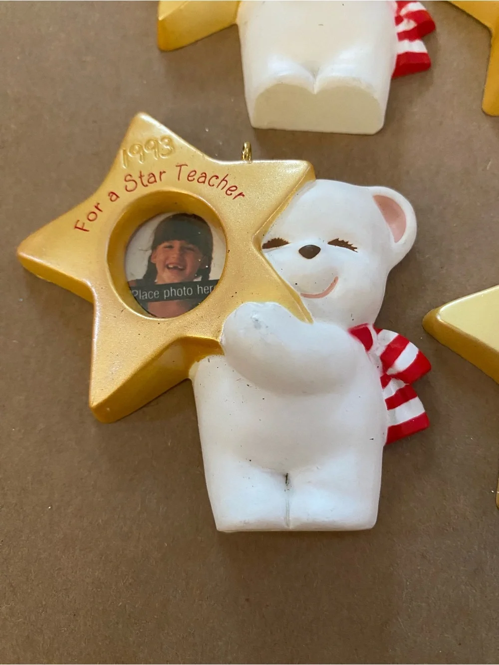 4 Set - 1993 Star teacher photo ornament by Hallmark, white bear, never used,